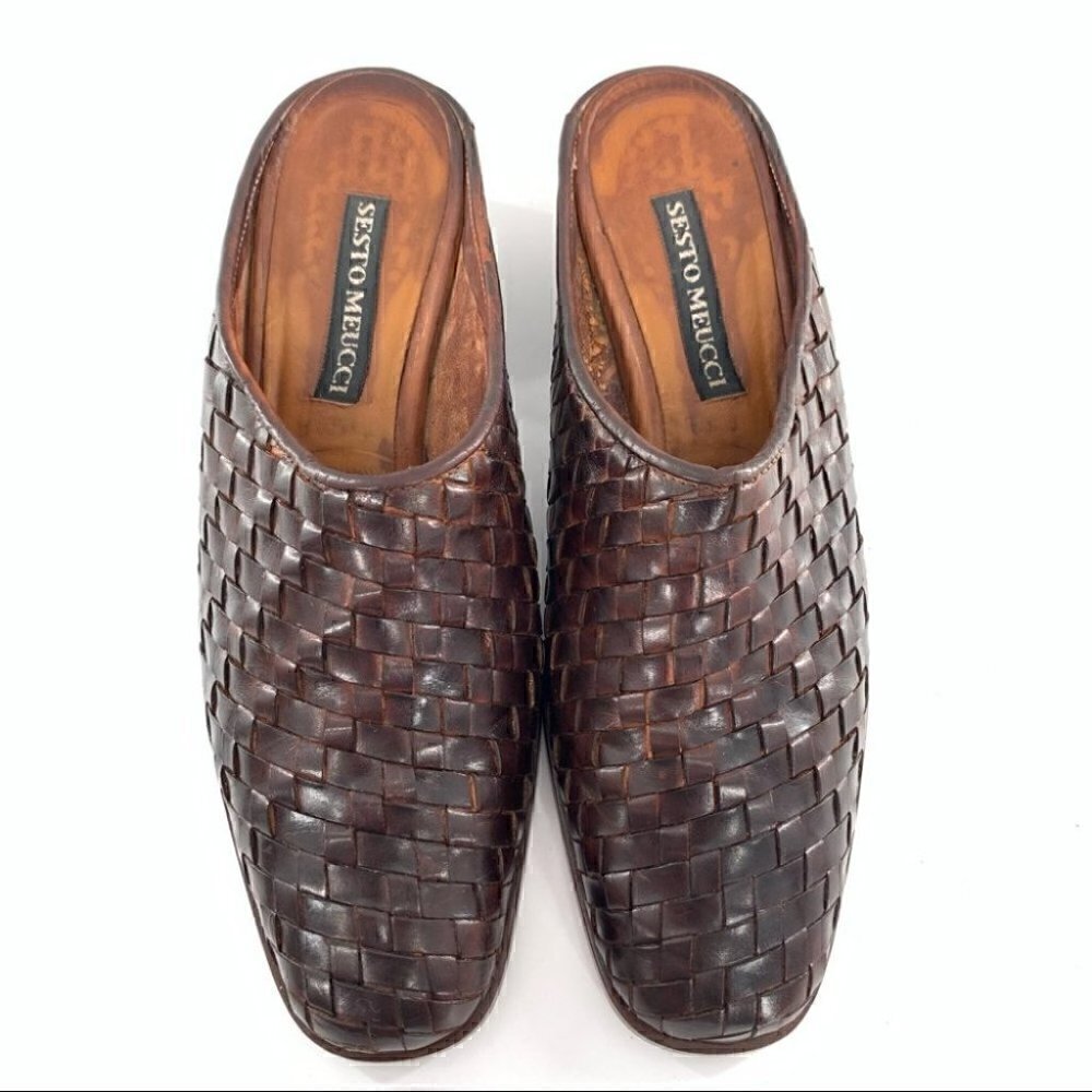 Sesto Meucci heels size 5.5 N blown Italian leather woven mules vintage 80s 90s - Picture 2 of 12